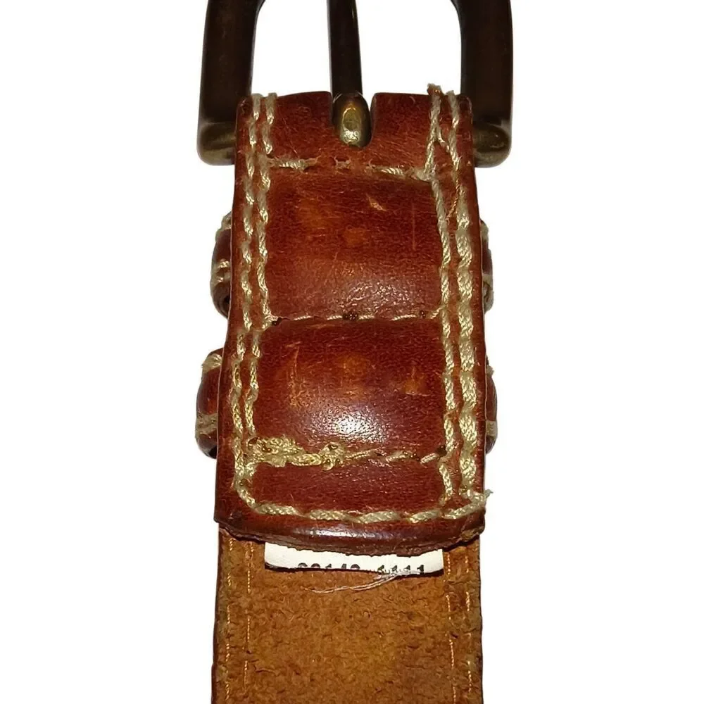 Vintage genuine leather stitched belt Size 32 brass hardware Taiwan cowboy rodeo